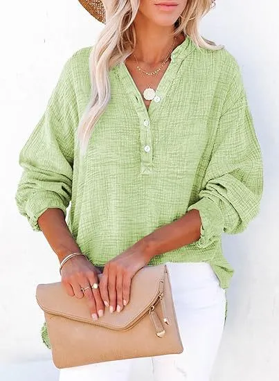 Women's Pleated Cotton Button Top – Long Sleeve Blouse sold by Hensley London product image thumbnail 2