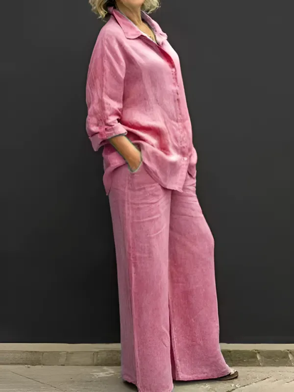 Women's Linen Blend Shirt & Wide-Leg Pants Two-Piece Set made by Hensley London