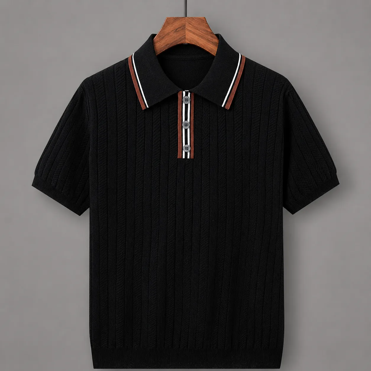 Men's Textured Knit Polo Shirt – Contrast Trim sold by Hensley London product image thumbnail 5