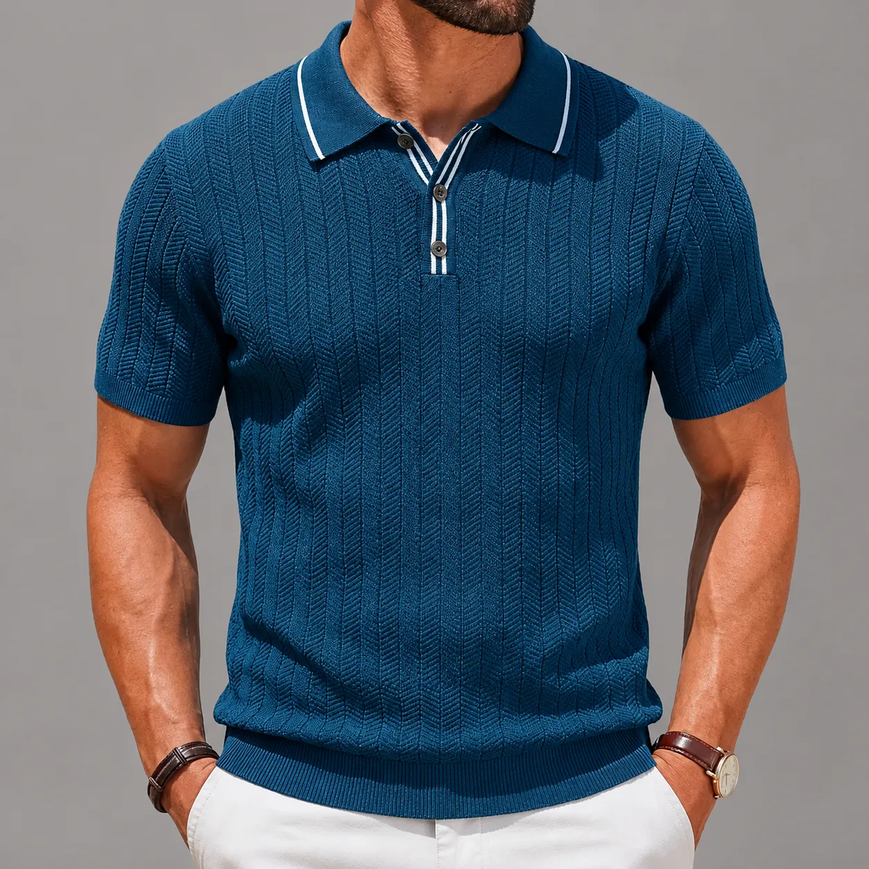 Men's Textured Knit Polo Shirt – Contrast Trim sold by Hensley London product image thumbnail 2