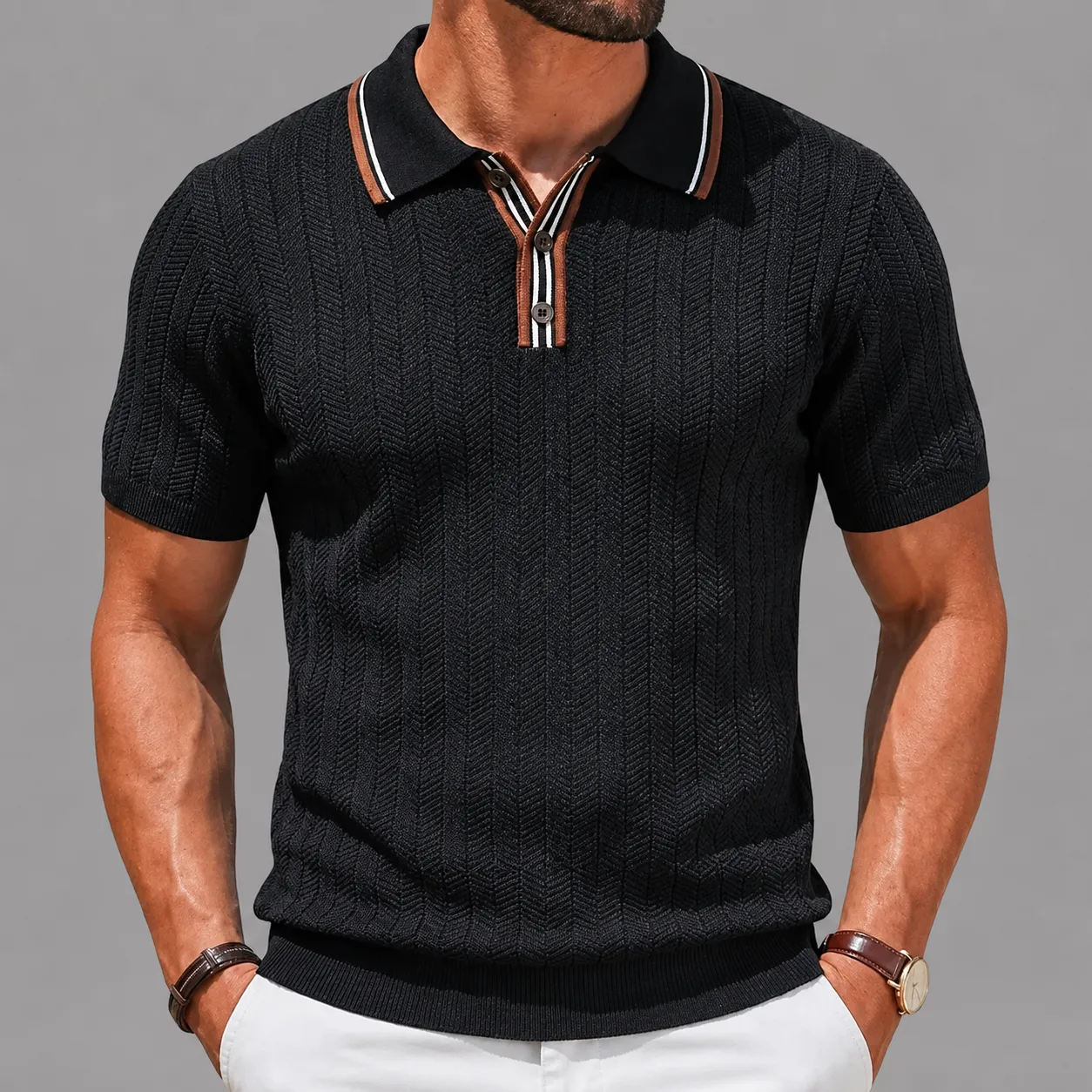 Men's Textured Knit Polo Shirt – Contrast Trim sold by Hensley London product image thumbnail 3