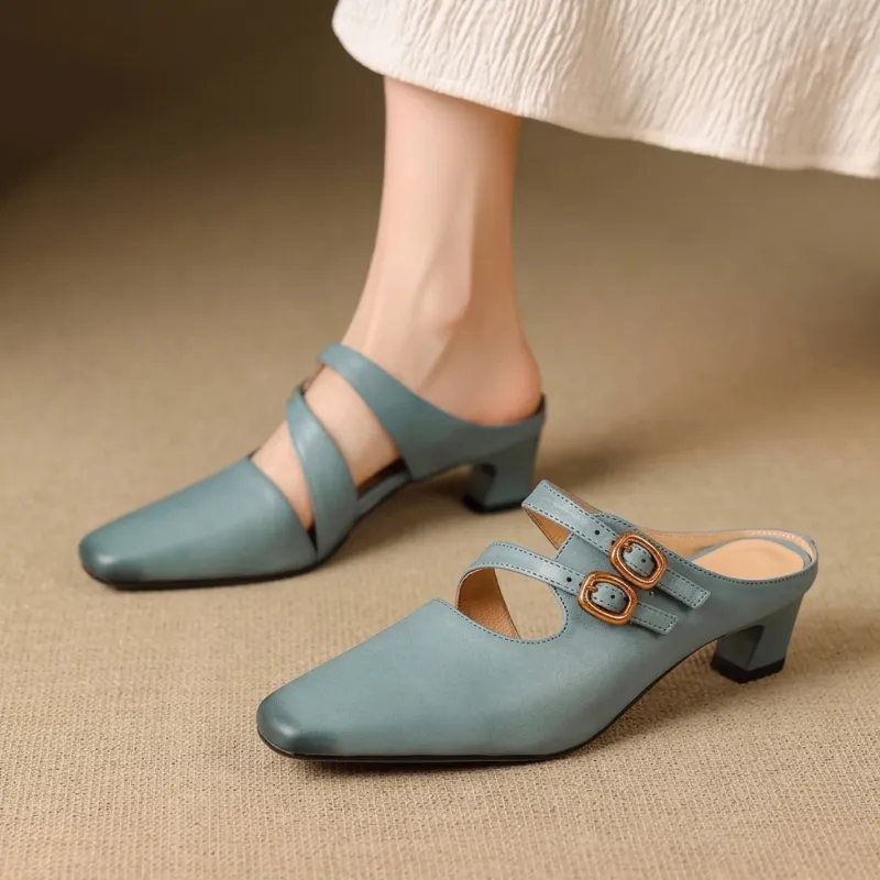 Women's Genuine Leather Dual-Strap Mary Jane Mules – Mid Heel made by Hensley London