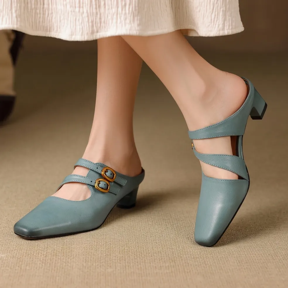 Women's Genuine Leather Dual-Strap Mary Jane Mules – Mid Heel sold by Hensley London product image thumbnail 2