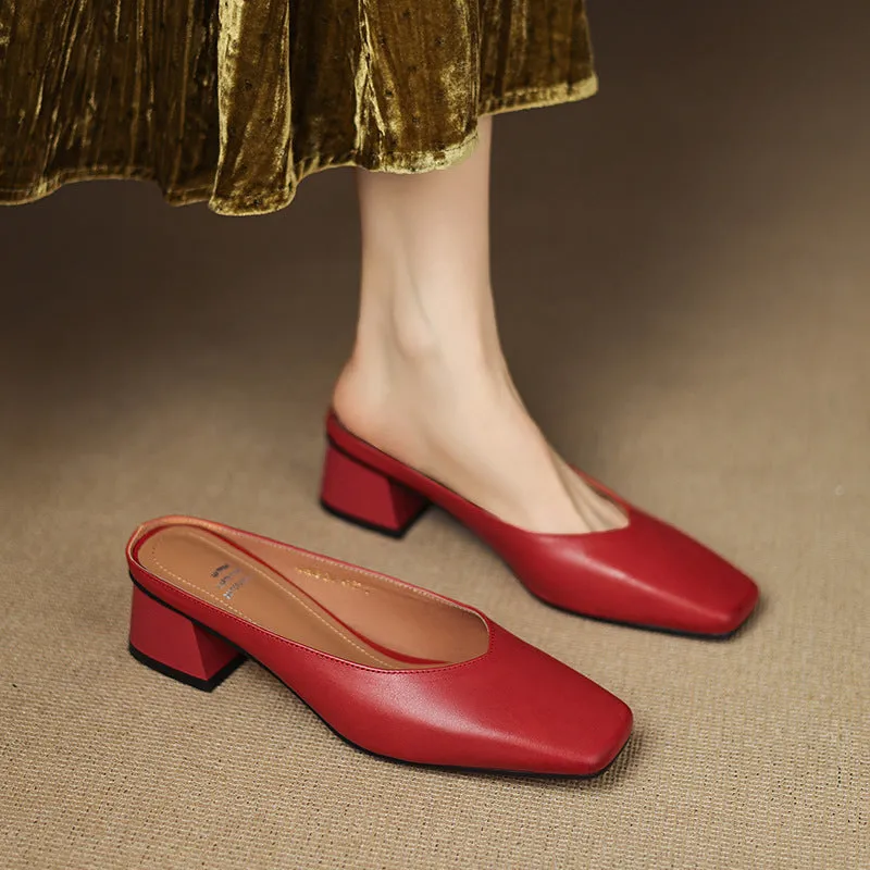 Women's Genuine Leather Square-Toe Mules – Block Heel made by Hensley London