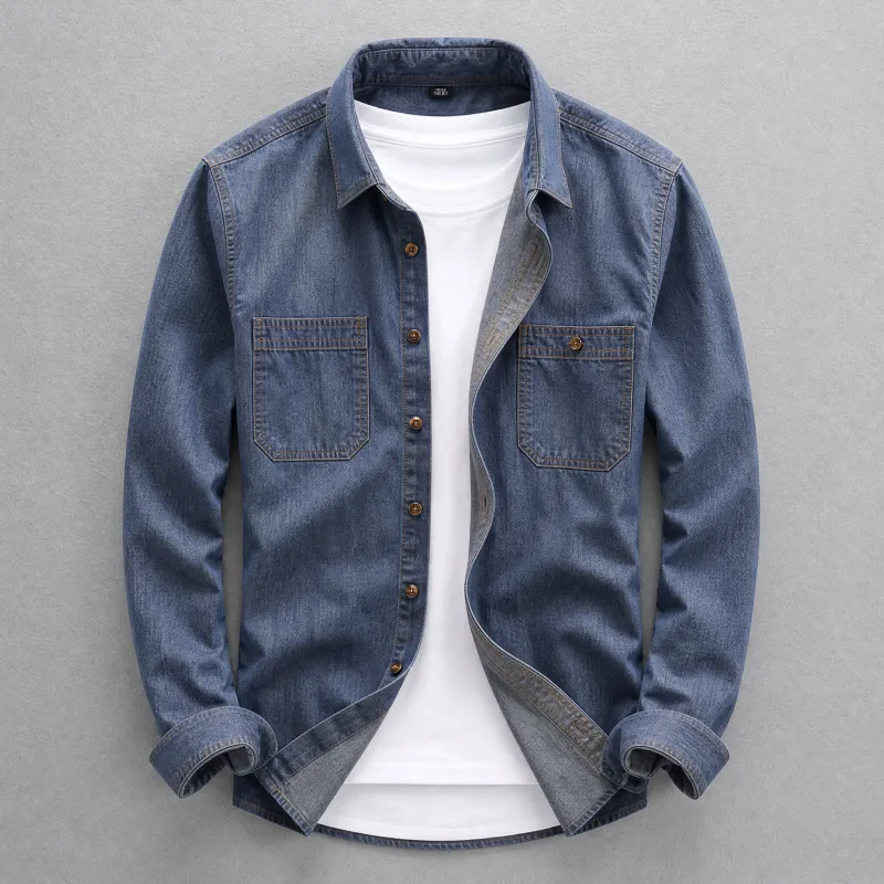 Men's Washed Denim Button-Up Shirt – Tailored Fit made by Hensley London