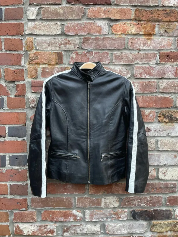 vintage 00s racing stripe leather jacket sold by Good Market Thrift Store