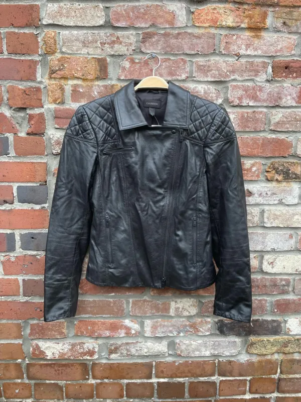 danier butter leather quilted biker jacket sold by Good Market Thrift Store
