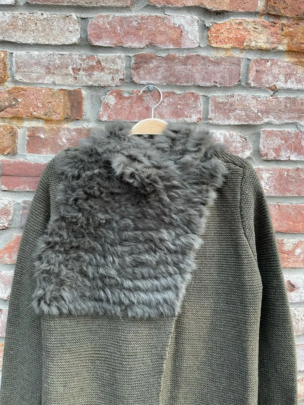 rudsak wool-blend cardigan with rabbit fur trim sold by Good Market Thrift Store