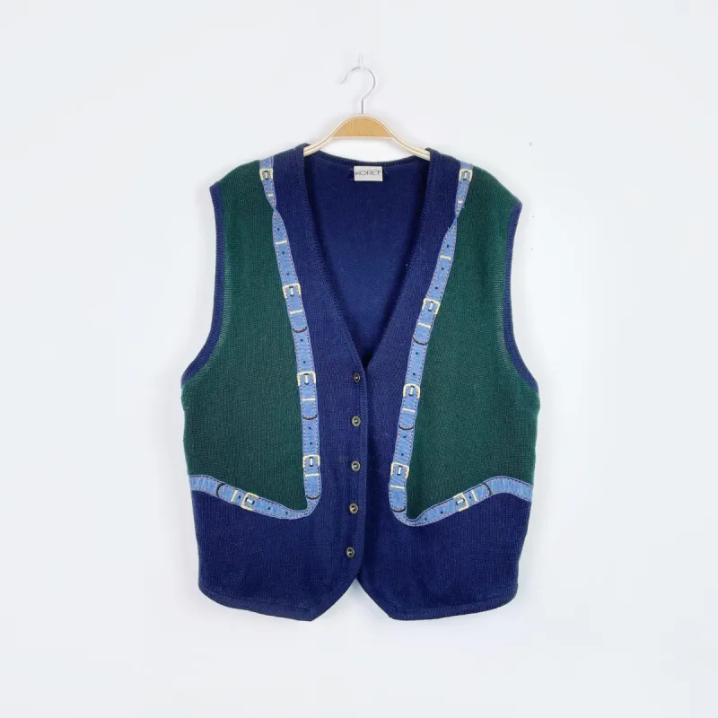 vintage 90s koret denim belt knit vest sold by Good Market Thrift Store