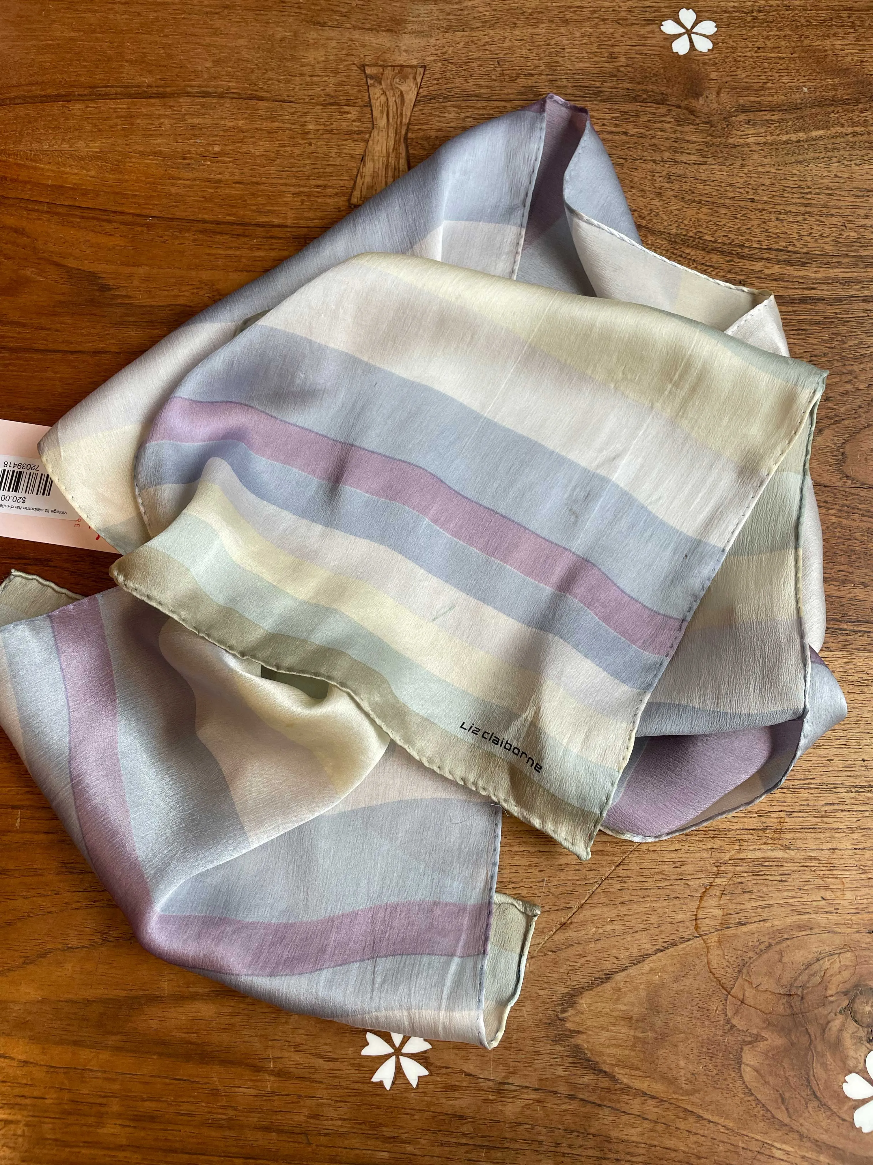 vintage liz claiborne hand-rolled pastel stripes silk scarf sold by Good Market Thrift Store