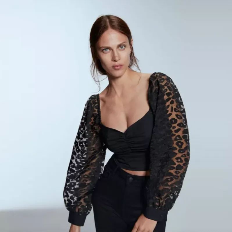 zara organza animal print puff sleeve top sold by Good Market Thrift Store