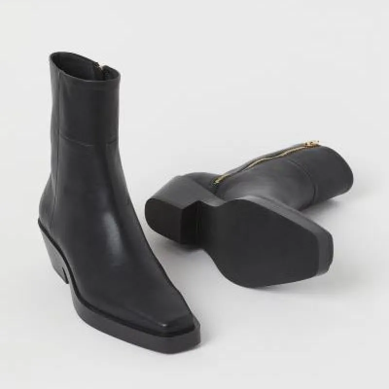 nwt h&m 2023 square toe low heel leather boot sold by Good Market Thrift Store