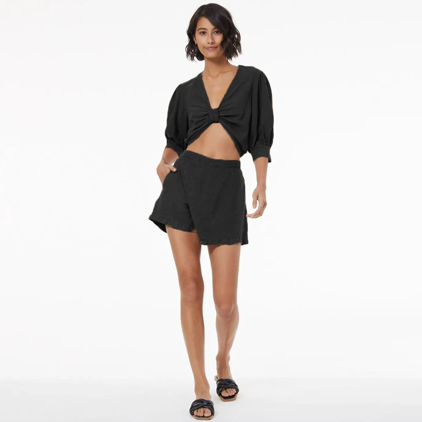 yfb linen-blend knotted billow sleeve top sold by Good Market Thrift Store