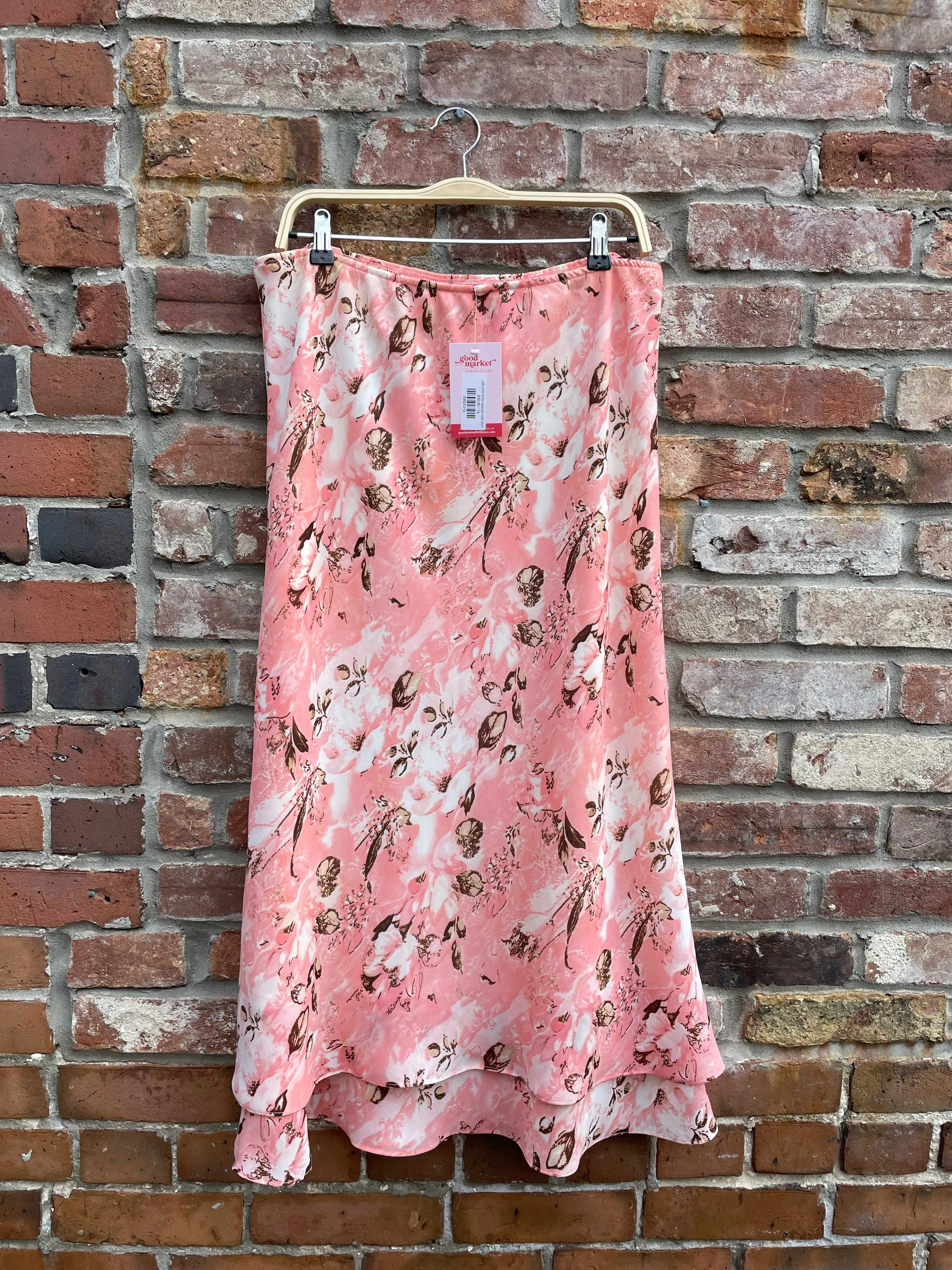 y2k pink floral layered midi skirt sold by Good Market Thrift Store