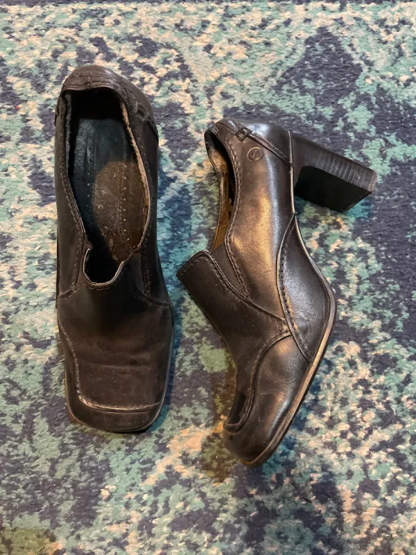y2k spring black leather heeled loafer sold by Good Market Thrift Store