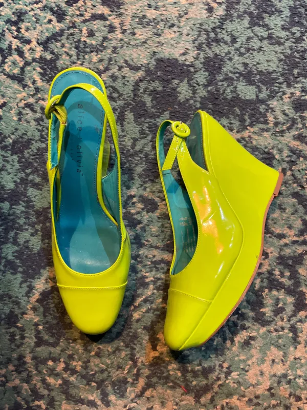alice + olivia 00's lime green patent wedge shoes sold by Good Market Thrift Store