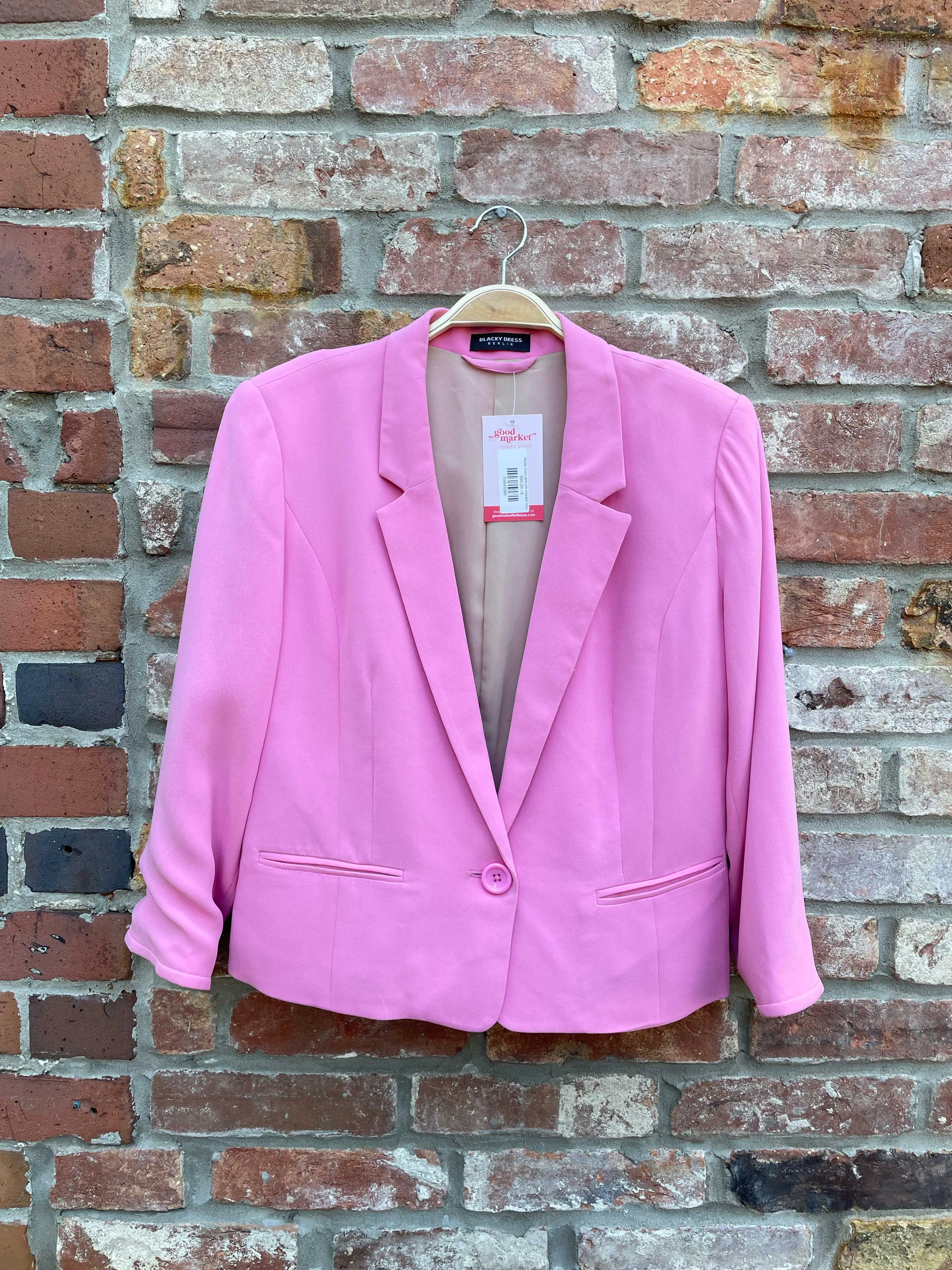 blacky dress pink silk cropped blazer sold by Good Market Thrift Store
