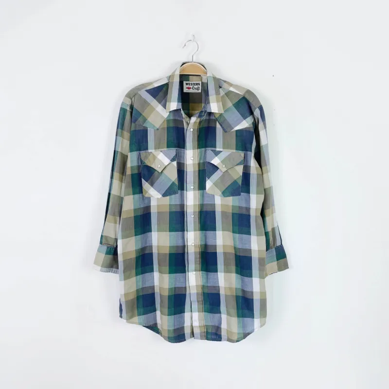 vintage western craft plaid snap button shirt sold by Good Market Thrift Store