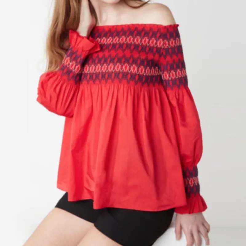 maje elle smocked off shoulder blouse sold by Good Market Thrift Store