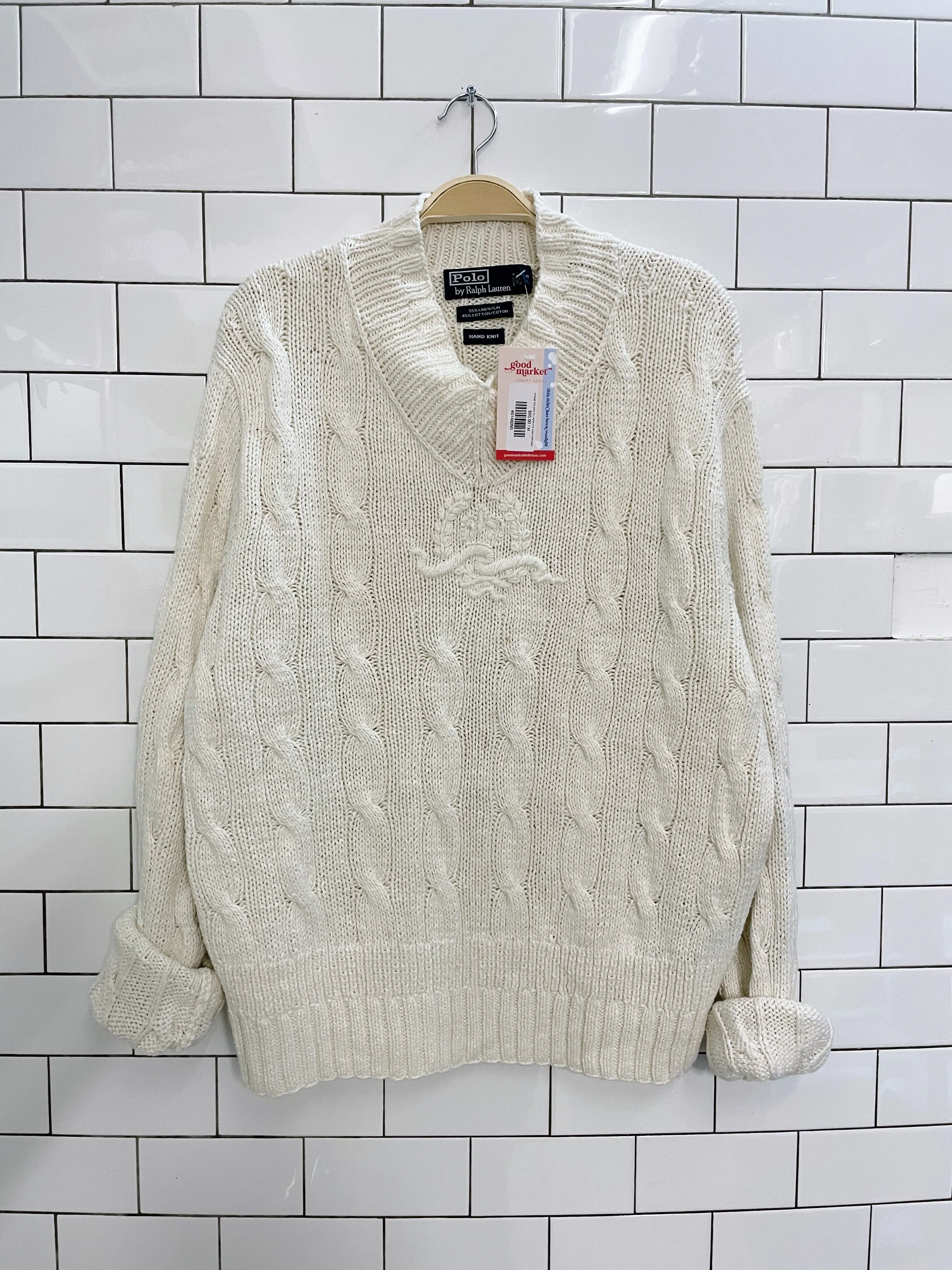 vintage 90s polo RL cable knit crest linen-blend sweater sold by Good Market Thrift Store