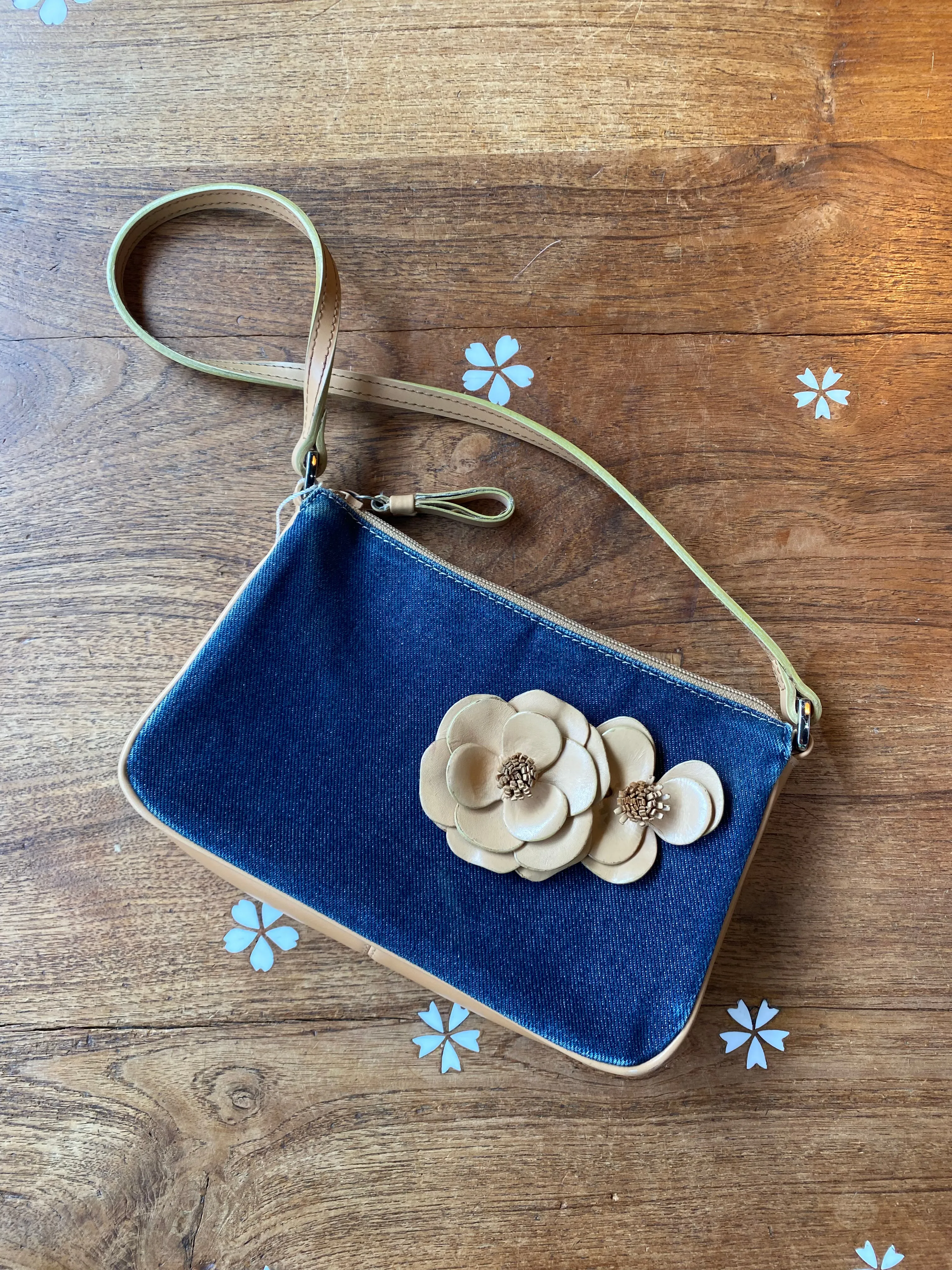 y2k nine west leather flowers mini denim shoulder bag sold by Good Market Thrift Store