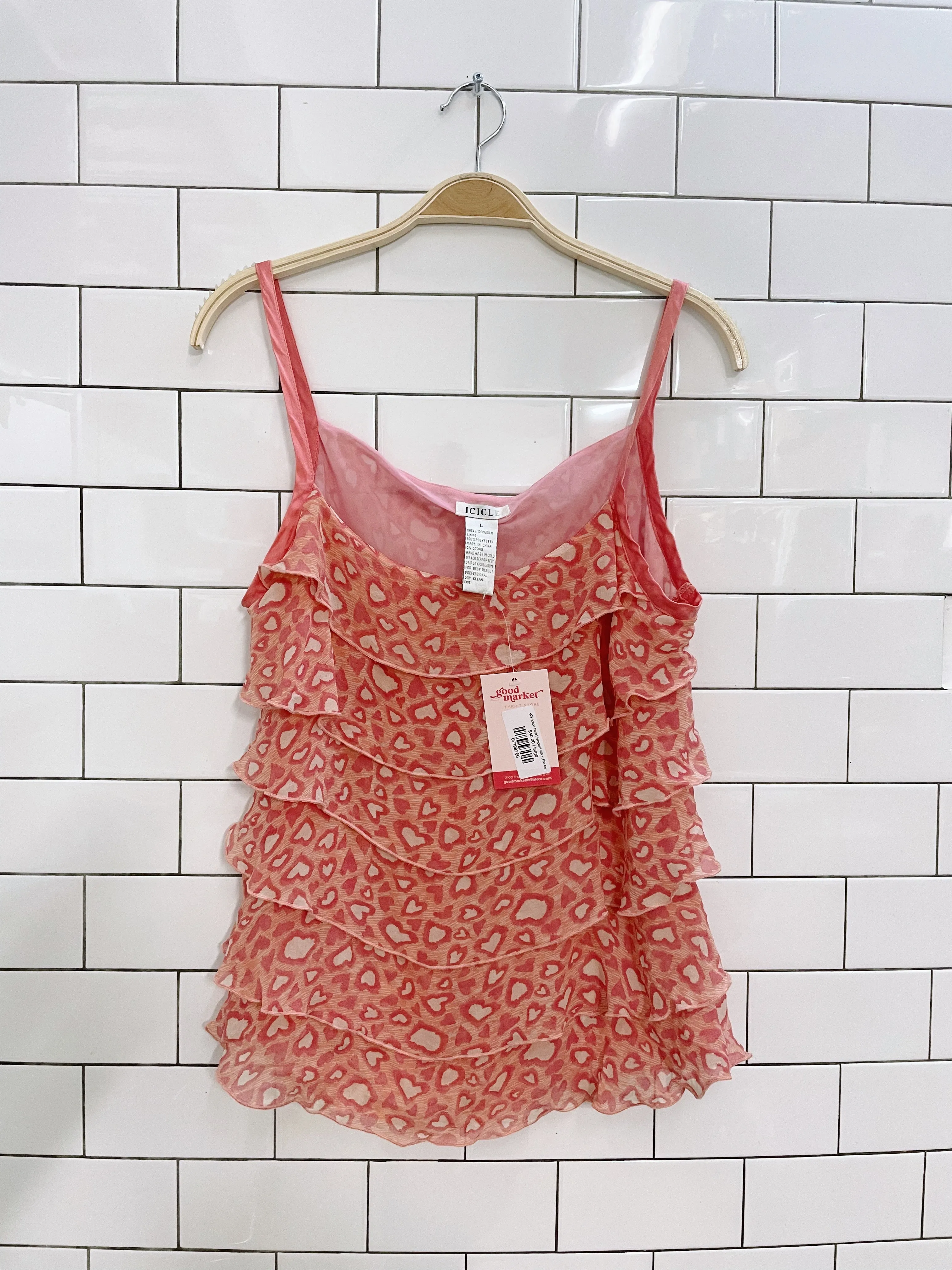 y2k icicle heart leopard silk ruffle tank sold by Good Market Thrift Store