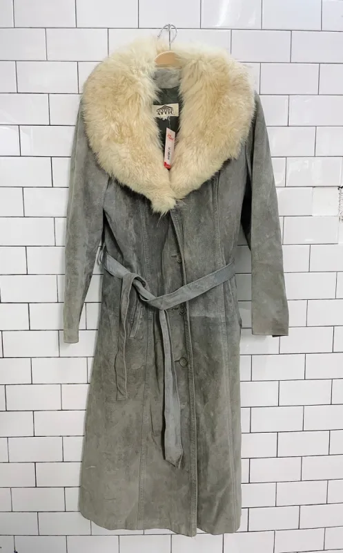 vintage suede penny lane trench coat w fox fur collar sold by Good Market Thrift Store