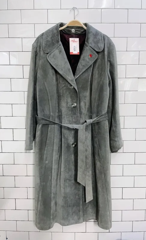 vintage grey suede belted trench coat sold by Good Market Thrift Store