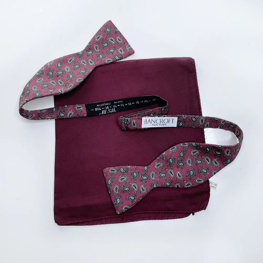vintage bancroft maroon silk paisley adjustable bow tie sold by Good Market Thrift Store product image thumbnail 3