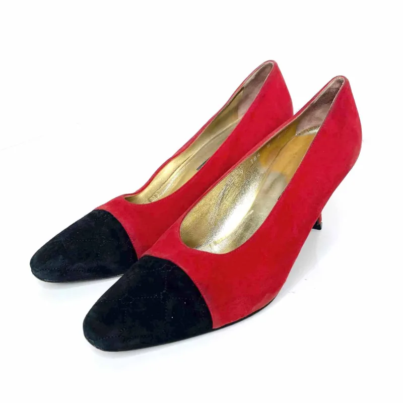 vintage escada red suede pumps with quilted black toe - size 8 sold by Good Market Thrift Store