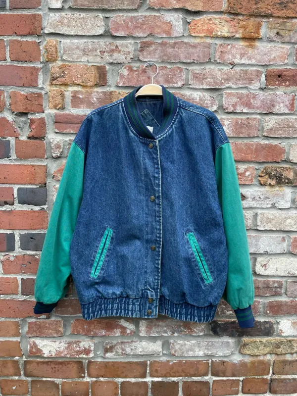 vintage 90s streetworn two-tone denim bomber jacket sold by Good Market Thrift Store