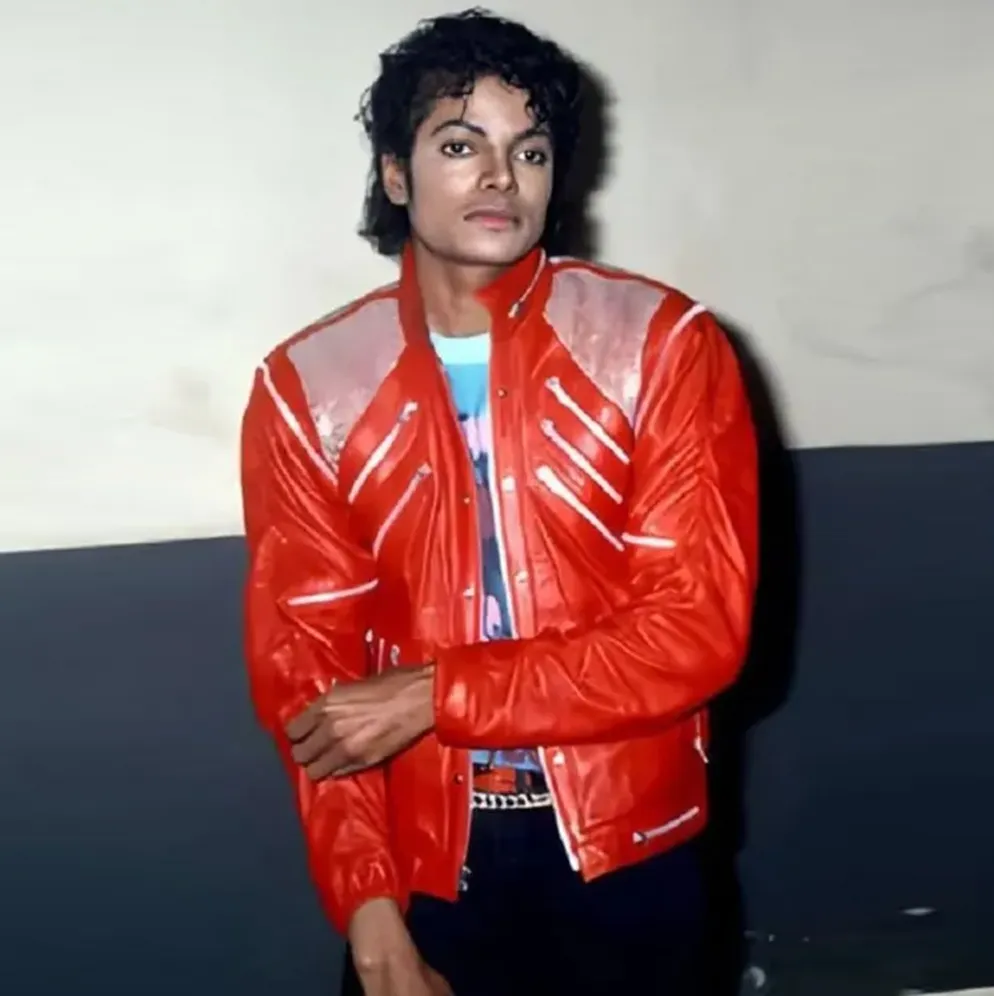 vintage 80s MJ beat it red biker puffer vest sold by Good Market Thrift Store