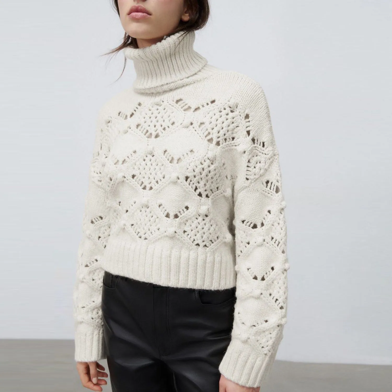 zara soft pointelle chunky knit turtleneck sold by Good Market Thrift Store