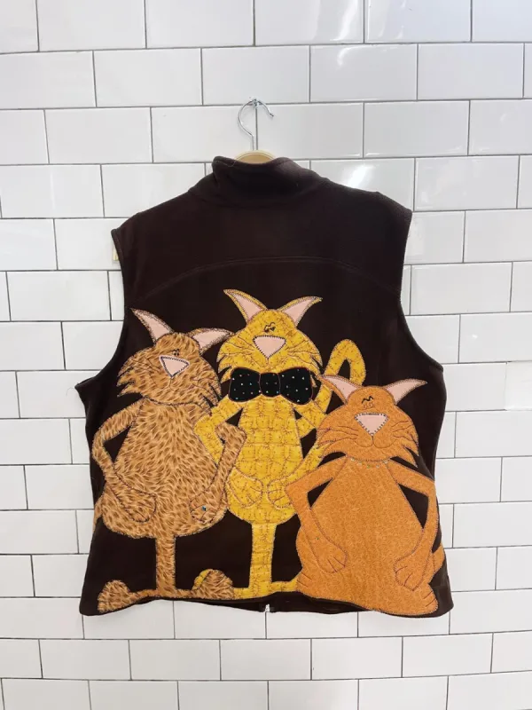 vintage handmade 00s cat decal fleece vest sold by Good Market Thrift Store