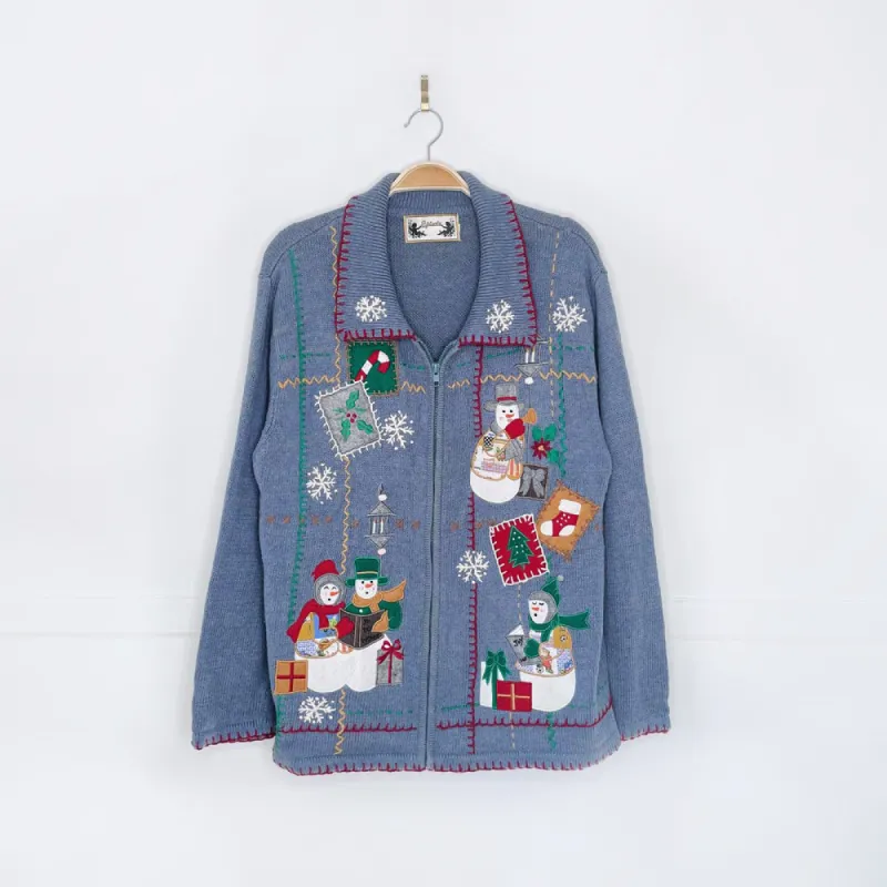 vintage episcia carolling snowmen knit cardigan sold by Good Market Thrift Store