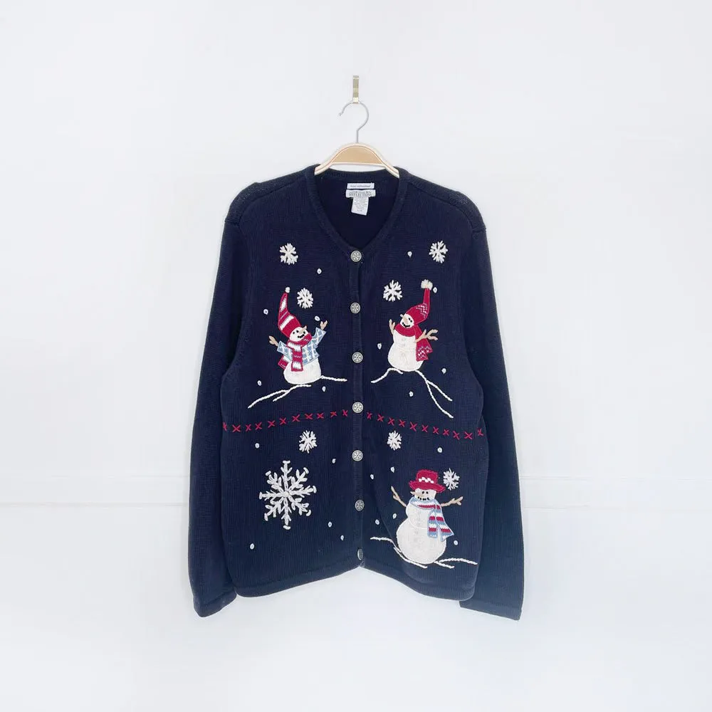 vintage 00s NR hand-embroidered snowman knit cardigan sold by Good Market Thrift Store