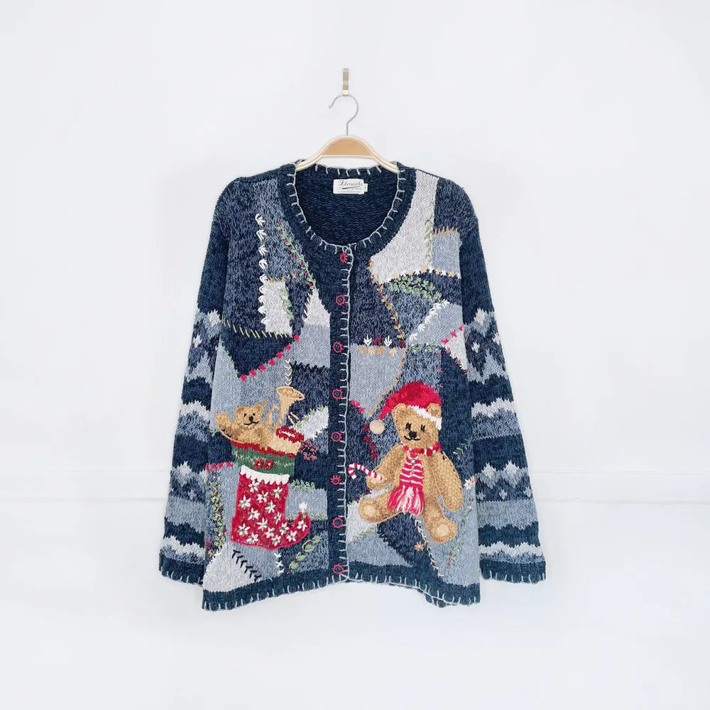 vintage hand-embroidered holiday bear knit cardigan sold by Good Market Thrift Store