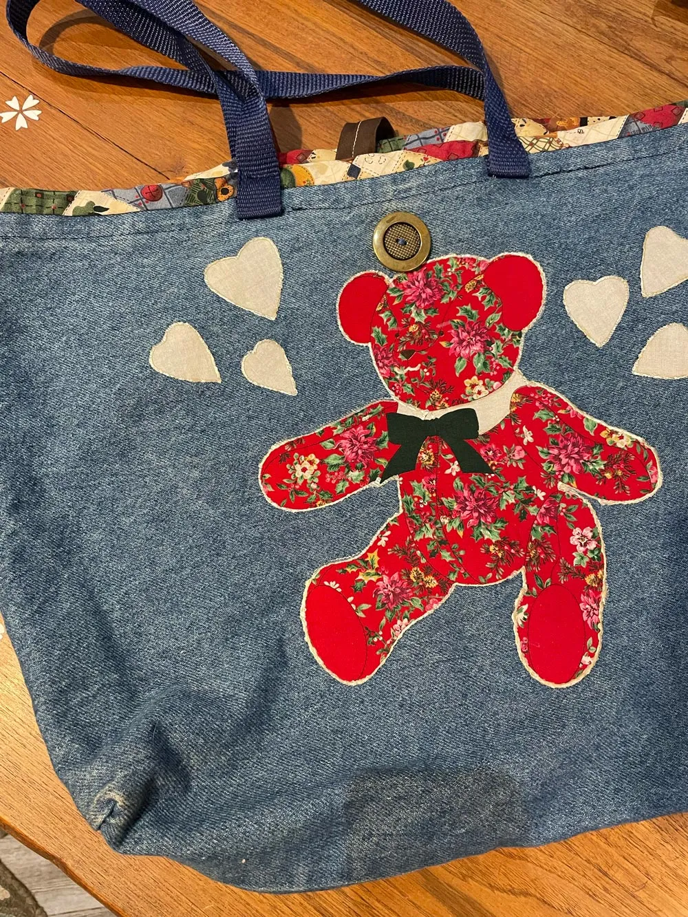 handmade teddy bear quilted denim tote bag sold by Good Market Thrift Store