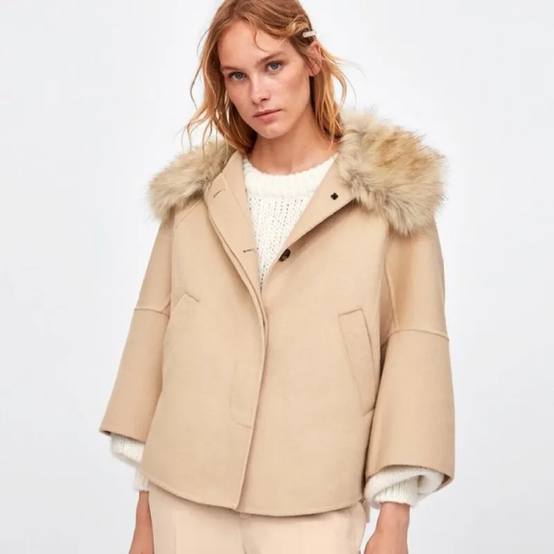 zara faux fur collar textured cape coat sold by Good Market Thrift Store