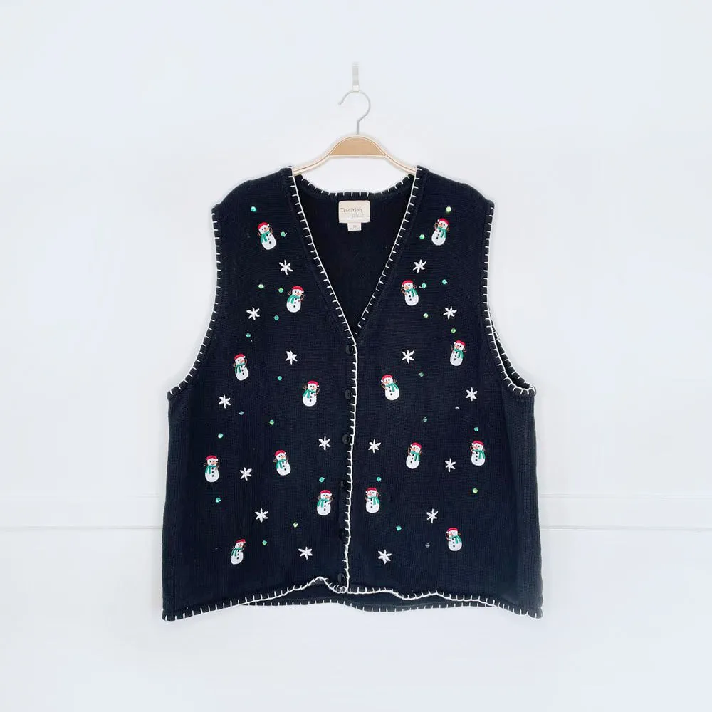 vintage 00s tradition plus blanket stitch snowman knit vest sold by Good Market Thrift Store