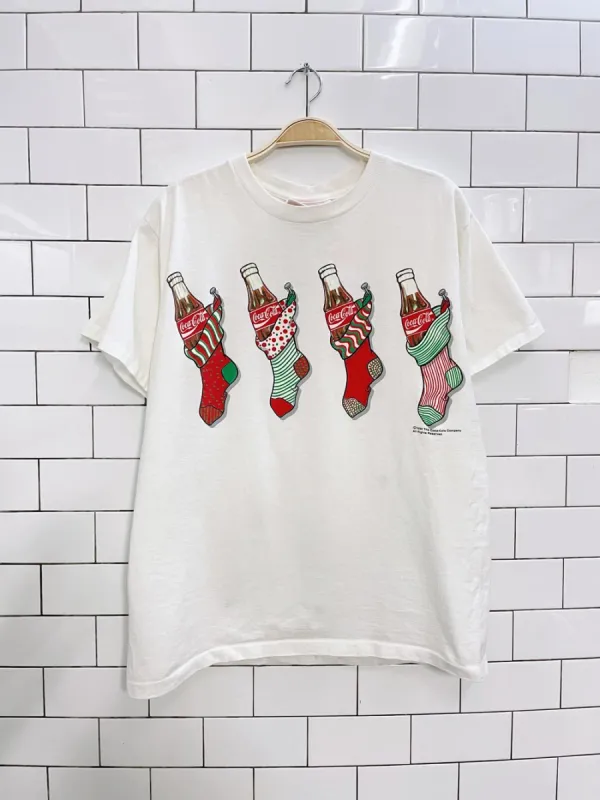 vintage 90s coca cola stocking holiday tee sold by Good Market Thrift Store