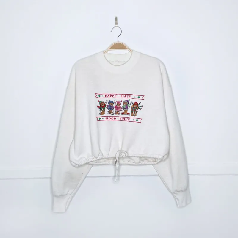 vintage handmade cross-stitch ski bears cropped crew sold by Good Market Thrift Store