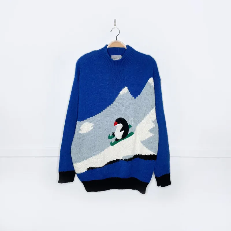 vintage snazzle skiing penguin wool-blend knit sweater sold by Good Market Thrift Store