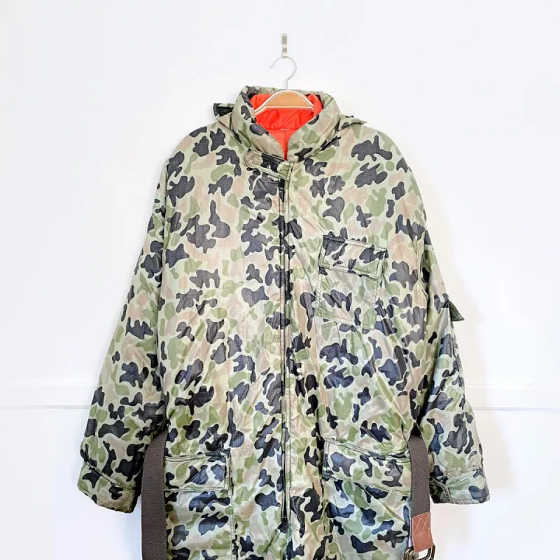vintage 70s ski-daddle pack in camo down snowsuit sold by Good Market Thrift Store