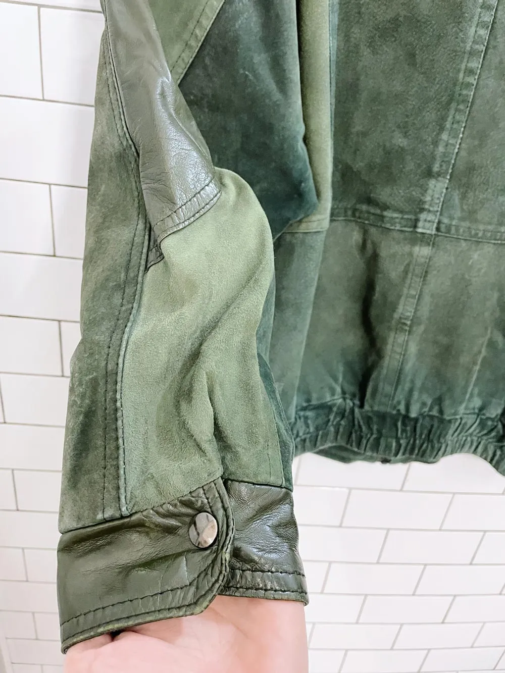 vintage leather house green patchwork leather bomber jacket sold by Good Market Thrift Store product image thumbnail 3