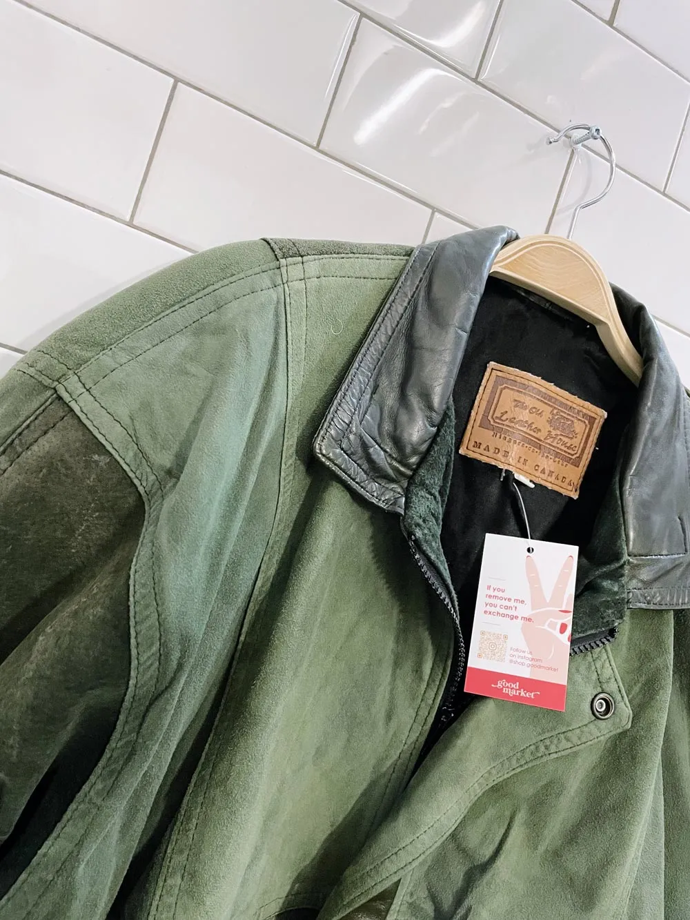 vintage leather house green patchwork leather bomber jacket sold by Good Market Thrift Store product image thumbnail 2