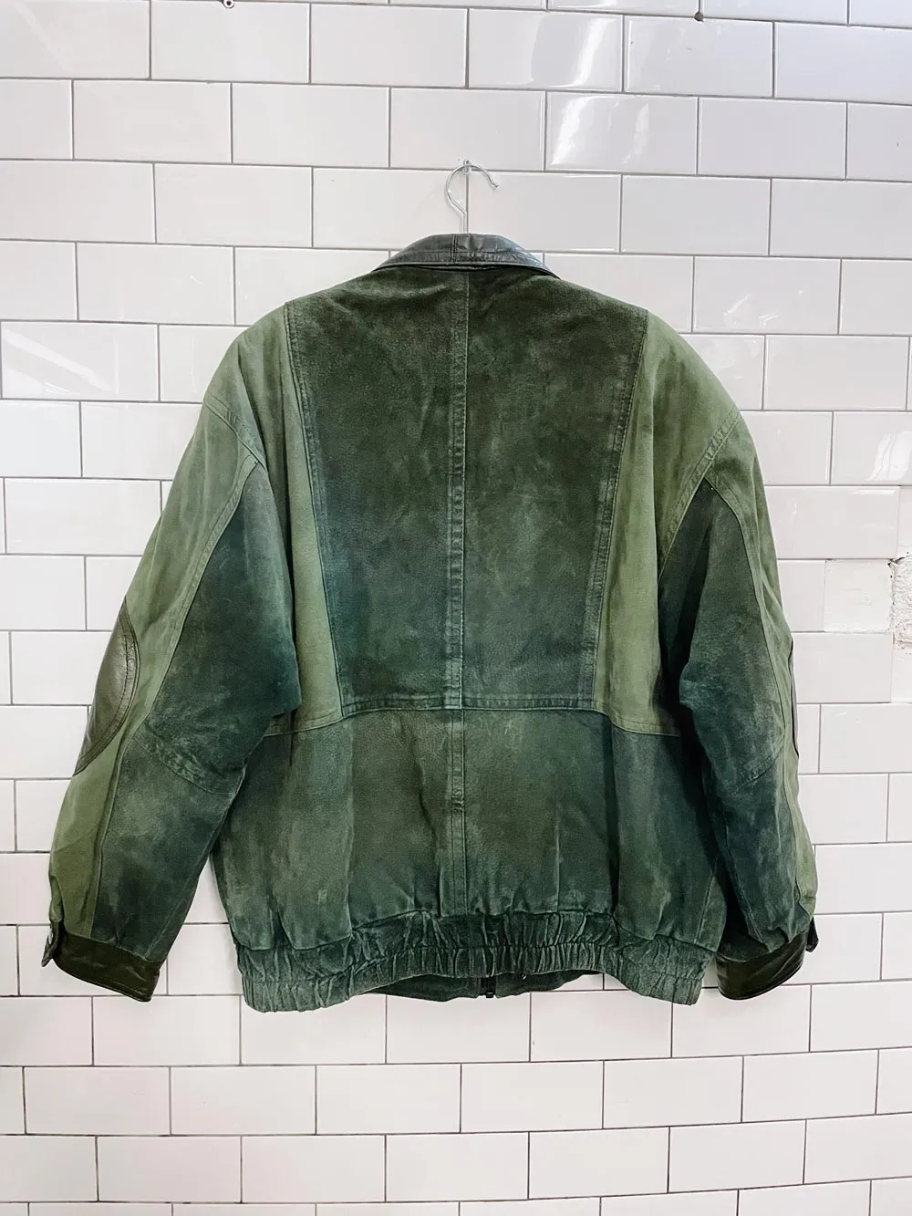 vintage leather house green patchwork leather bomber jacket sold by Good Market Thrift Store product image thumbnail 4
