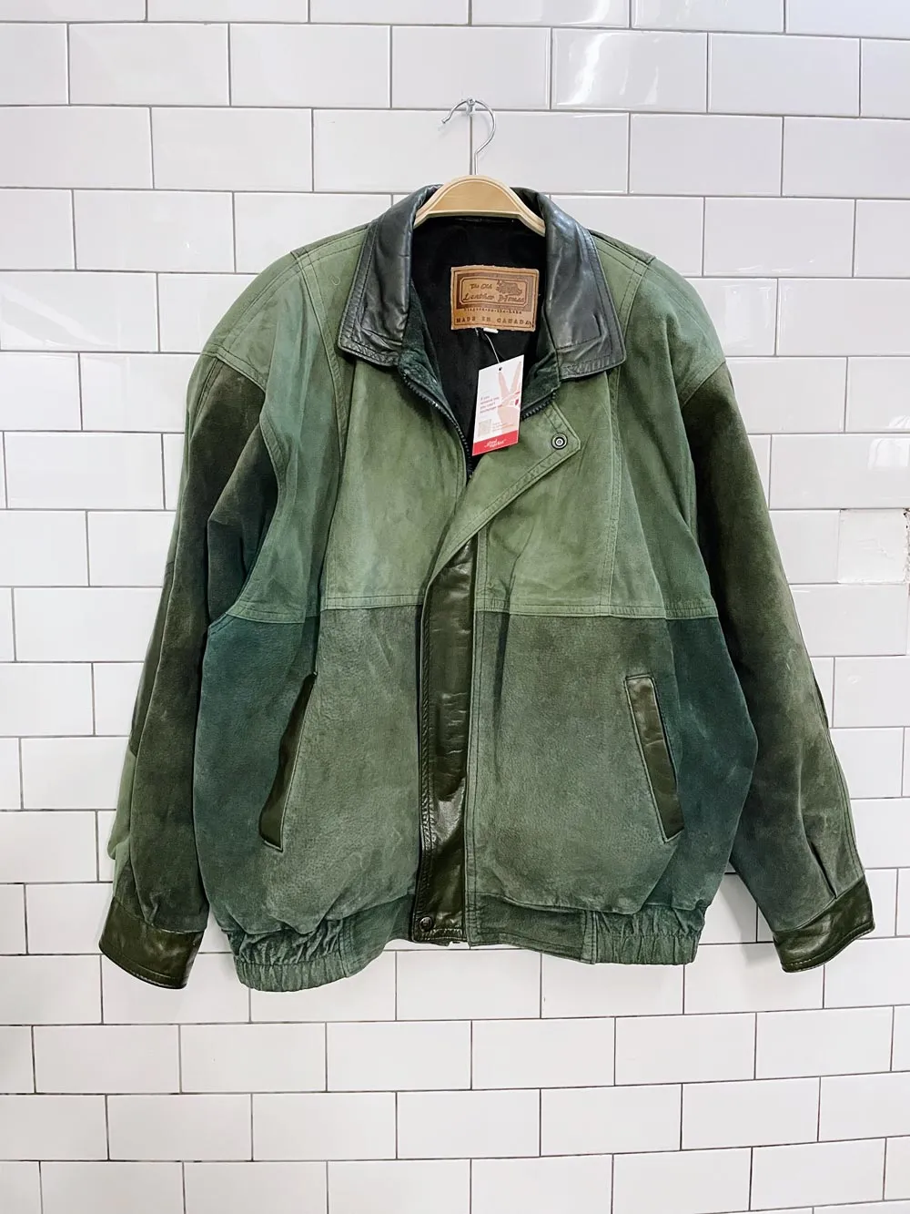 vintage leather house green patchwork leather bomber jacket sold by Good Market Thrift Store