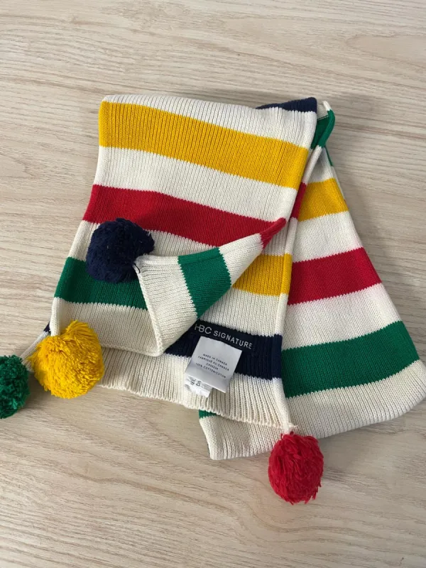 hbc stripes cotton knit pom scarf sold by Good Market Thrift Store