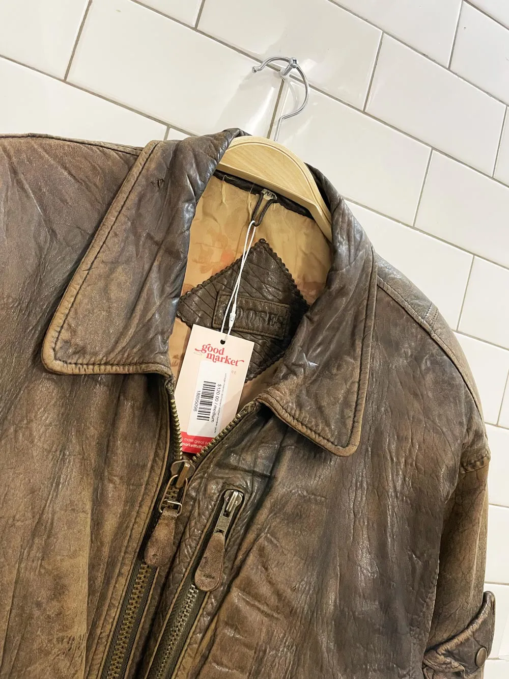 vintage moores distressed leather bomber jacket sold by Good Market Thrift Store product image thumbnail 2